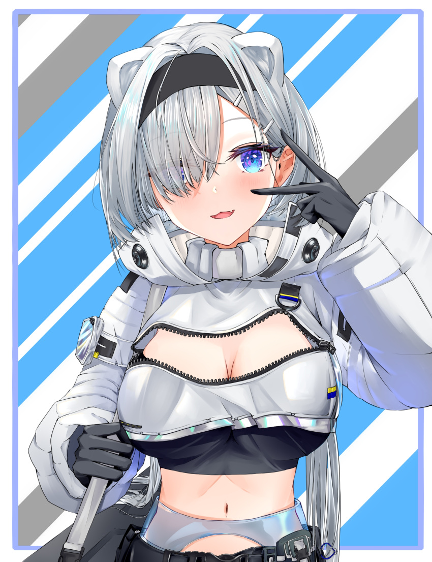 1girl :3 :d absurdres animal_ears arknights aurora_(arknights) bangs bear_ears black_gloves black_hairband black_shirt blue_eyes blush breasts cleavage cleavage_cutout clothing_cutout commentary_request crop_top cropped_jacket eyebrows_visible_through_hair eyes_visible_through_hair fang gloves hair_over_one_eye hairband hand_up highres jacket kebol long_hair long_sleeves looking_at_viewer midriff navel partial_commentary shirt silver_hair smile solo stomach upper_body v very_long_hair white_jacket