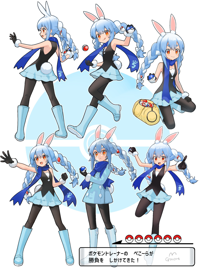 1girl :q animal_ear_fluff animal_ears bag bangs black_gloves black_legwear black_shirt blue_dress blue_footwear blue_hair blue_scarf blue_skirt boots bow braid commentary_request cosplay dawn_(pokemon) dawn_(pokemon)_(cosplay) dress eyebrows_visible_through_hair full_body gloves gotou_(nekocat) hair_bow highres holding holding_poke_ball hololive knee_boots long_sleeves multiple_views one_knee pantyhose poke_ball poke_ball_hair_ornament pokemon pokemon_(game) pokemon_dppt rabbit_ears rabbit_tail scarf shirt short_eyebrows skirt sleeveless sleeveless_shirt standing standing_on_one_leg tail thick_eyebrows tongue tongue_out translation_request twin_braids twintails usada_pekora virtual_youtuber white_bow white_hair