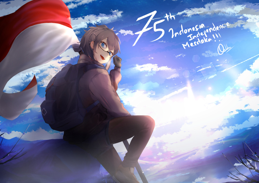 1girl absurdres backpack bag bangs blue_eyes blue_sky brown_hair cloud coat eyebrows_behind_hair eyebrows_visible_through_hair flag glasses gloves highres indonesian_flag looking_at_viewer looking_back mountain ochkis open_mouth original short_hair sitting sky smile solo sunlight sunrise