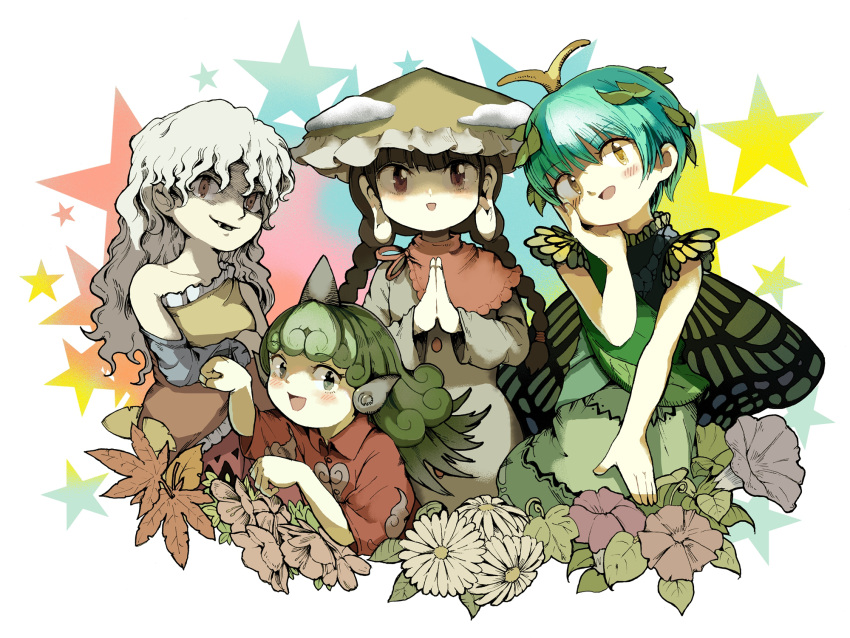 4girls ajirogasa antennae aqua_hair black_hair blush braid buttons capelet cloud_print collared_shirt dress eternity_larva eyebrows_visible_through_hair flower green_dress green_eyes green_hair grey_dress hair_between_eyes hat highres horns kariyushi_shirt komano_aunn leaf leaf_on_head long_earlobes long_hair long_sleeves multicolored_clothes multicolored_dress multiple_girls open_mouth orange_dress red_capelet red_dress red_eyes red_ribbon red_shirt ribbon sakata_nemuno shaded_face shirt short_hair short_sleeves single_horn single_strap smile star_(symbol) touhou twin_braids wavy_hair white_background white_flower white_hair yamame_jinja yatadera_narumi yellow_dress yellow_eyes