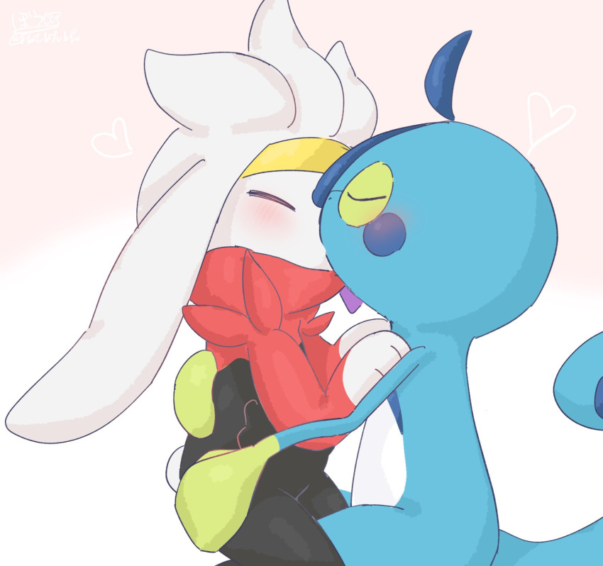 &lt;3 ambiguous/ambiguous ambiguous_gender amphibian anthro belly black_clothing blue_body blush clothing drizzile duo embrace eyes_closed fur green_markings hat_bifubifu hi_res hug interspecies kissing lagomorph leporid love mammal markings nintendo pok&eacute;mon pok&eacute;mon_(species) pseudo_clothing raboot red_clothing romantic romantic_couple semi-anthro video_games white_belly white_body white_fur