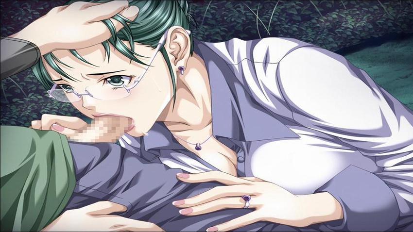 amano_ameno bad_aspect_ratio censored fellatio game_cg gibo_no_toiki glasses hand_on_head hetero highres jpeg_artifacts kudou_tamae mosaic_censoring oral penis solo_focus