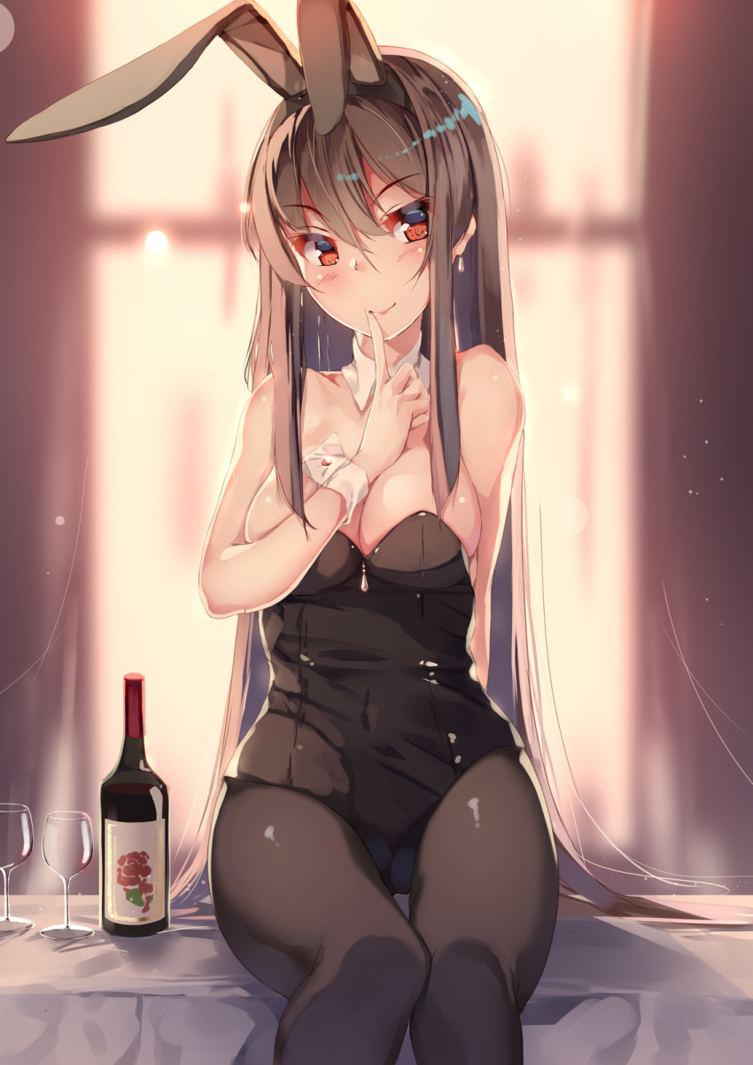 1girl animal_ears black_hair black_legwear bottle breasts brown_eyes bunny_ears bunny_girl bunnysuit cleavage commentary_request cowboy_shot cup curtains detached_collar drinking_glass finger_to_mouth glass highres index_finger_raised large_breasts long_hair original pantyhose sitting solo table thigh_gap wine_bottle wine_glass wrist_cuffs yumemi_(kiowa)