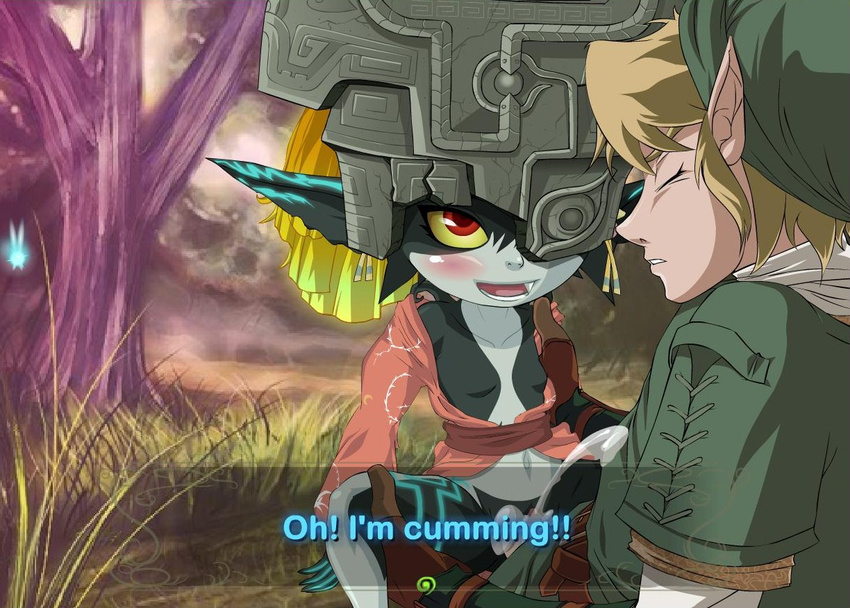 blonde_hair blush cum eyes_closed fairy fang game gloves grass hat helmet imp_midna link midna monster_girl nintendo open_mouth pointy_ears red_eyes sex the_legend_of_zelda tree tunic vaginal