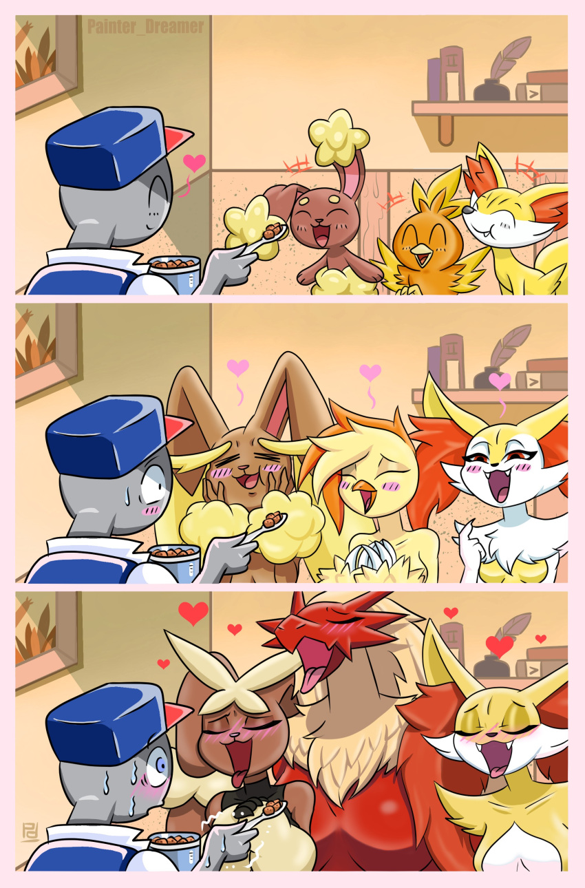 &lt;3 absurd_res avian blaziken blush bodily_fluids braixen breasts brown_body brown_fur buneary canid canine clothing combusken comic cutlery delphox fangs feathers female fennekin food fox fur hat headgear headwear hi_res human kitchen_utensils lagomorph lopunny male mammal mega_evolution mega_lopunny nintendo open_mouth orange_body orange_feathers orange_fur painterdreamer pok&eacute;mon pok&eacute;mon_(species) red_body red_eyes red_feathers red_fur shirt spoon sweat tongue tongue_out tools topwear torchic video_games yellow_body yellow_feathers yellow_fur