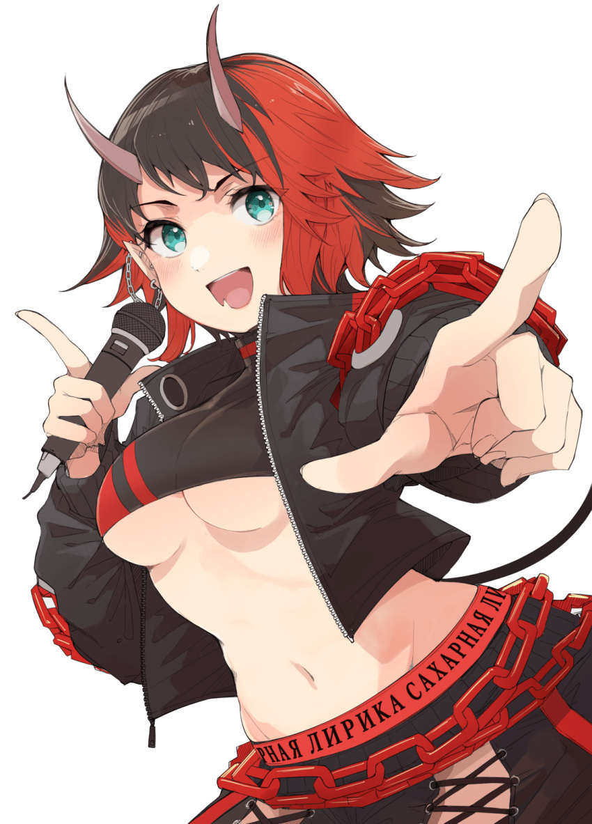 1girl bangs black_hair black_jacket black_pants black_sports_bra blue_eyes blush breasts chain commentary_request cowboy_shot cropped_jacket cross-laced_pants demon_girl demon_horns demon_tail ear_chain ear_piercing eyebrows_visible_through_hair goten_(510gensoku) highres holding holding_microphone horns jacket large_breasts looking_at_viewer microphone midriff multicolored_hair navel open_clothes open_jacket open_mouth pants piercing pointing pointing_at_viewer pointy_ears red_hair red_pants red_sports_bra russian_text ryugasaki_rene short_hair simple_background smile solo sports_bra sugar_lyric tail transparent_background two-tone_hair two-tone_pants underboob virtual_youtuber zipper