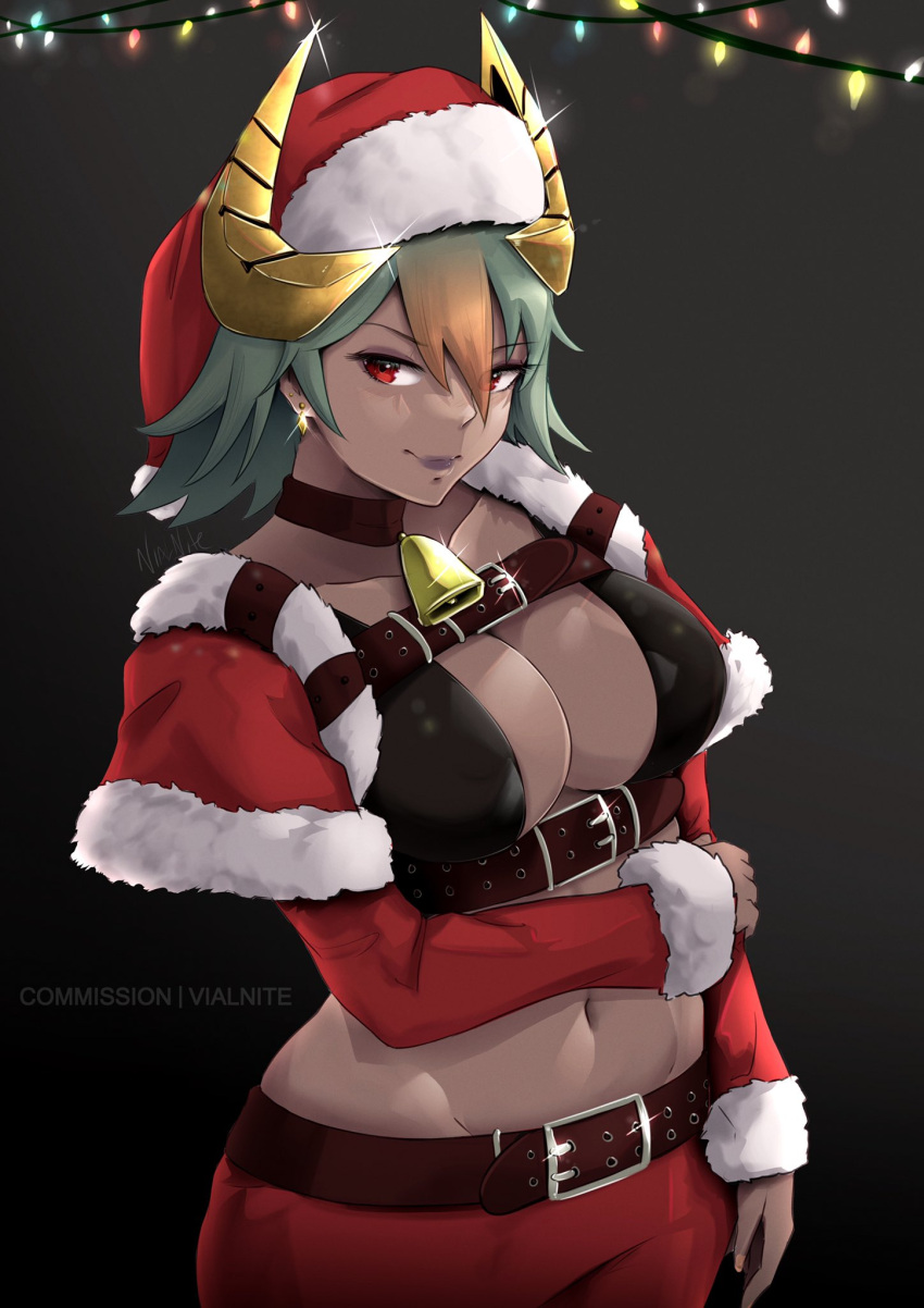 1girl alternate_costume artist_name bell belt breasts christmas cleavage collar commentary commission dark-skinned_female dark_skin earrings fire_emblem fire_emblem_heroes fur_trim gradient gradient_hair green_eyes hat highres jewelry laegjarn_(fire_emblem) large_breasts lips long_sleeves looking_at_viewer midriff multicolored_hair navel orange_hair pom_pom_(clothes) red_eyes santa_costume santa_hat short_hair simple_background smile solo stomach two-tone_hair upper_body vialnite