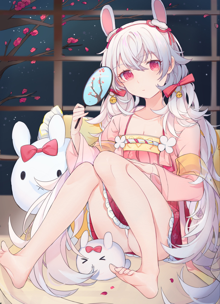 1girl :| absurdres animal_ears ariko_(aaaaarik) azur_lane bangs bare_legs barefoot bell breasts chinese_clothes cleavage closed_mouth collarbone crossed_bangs dress expressionless fake_animal_ears hair_bell hair_between_eyes hair_ornament hair_ribbon hairband hand_fan head_tilt highres holding holding_fan indoors knees_together_feet_apart laffey_(azur_lane) laffey_(white_rabbit_welcomes_the_spring)_(azur_lane) long_hair looking_at_viewer panties pantyshot paper_fan petals pillow pink_dress rabbit_ears red_eyes red_ribbon ribbon robe silver_hair small_breasts soles solo stuffed_animal stuffed_bunny stuffed_toy symbol-only_commentary toes twintails underwear very_long_hair white_panties