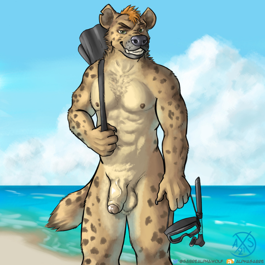 1:1 alphasabre anthro beach fur grin hi_res hyaenid looking_at_viewer male mammal markings mohawk muscular nude outside sea seaside smile snorkel snorkeling solo spots spotted_markings suggestive tan_body tan_fur water