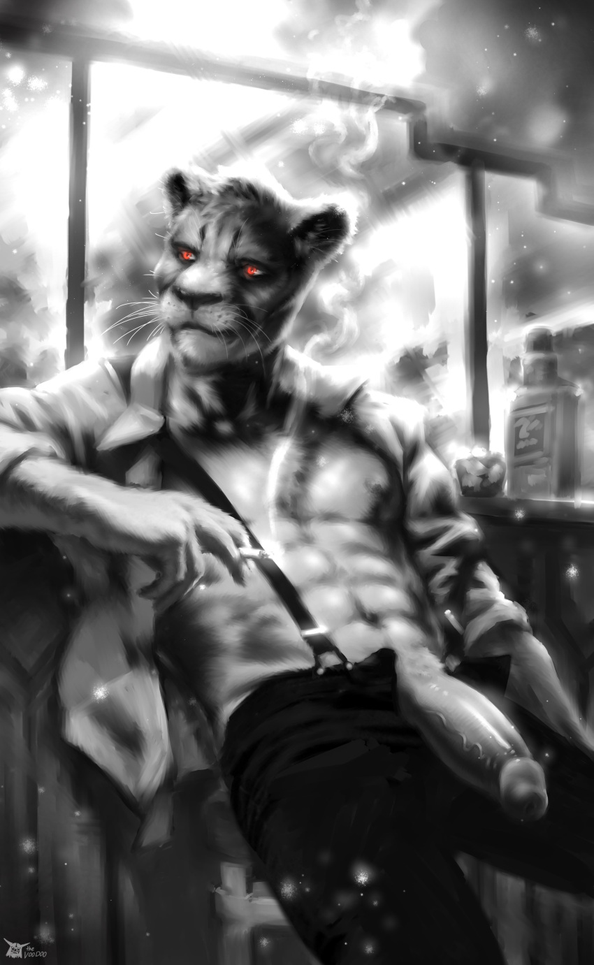 absurd_res anthro black_and_white cougar echo_(series) echo_project felid feline hi_res male mammal monochrome pinup pose samuel_ayers smoking solo the_smoke_room the_v00d00 video_games visual_novel