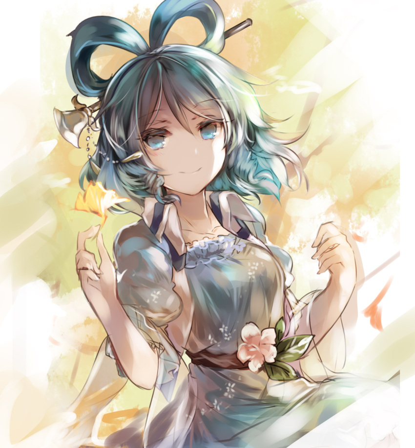 1girl bangs blue_dress blue_eyes blue_hair chisel closed_mouth dress drill_locks eyebrows_visible_through_hair flower hair_ornament hair_stick highres kaku_seiga kutsuki_kai looking_at_viewer pink_flower short_hair short_sleeves smile solo touhou vest white_vest