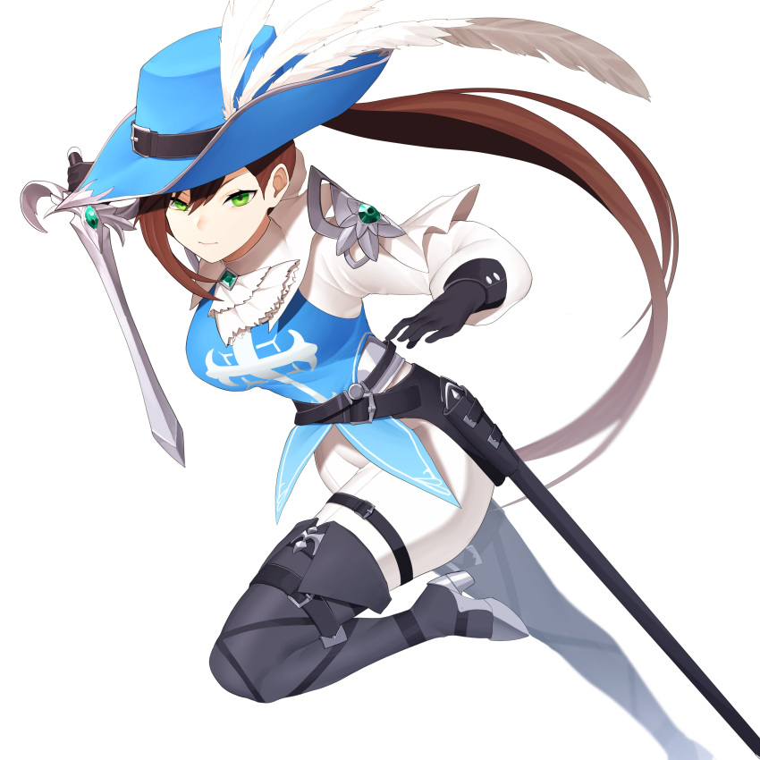 1girl absurdres black_survival bobby36446329 boots breasts brown_hair feathers fiora_pellerin green_eyes hat highres large_breasts musketeer official_alternate_costume pants ponytail rapier simple_background sword thigh_boots thighhighs weapon white_background white_pants