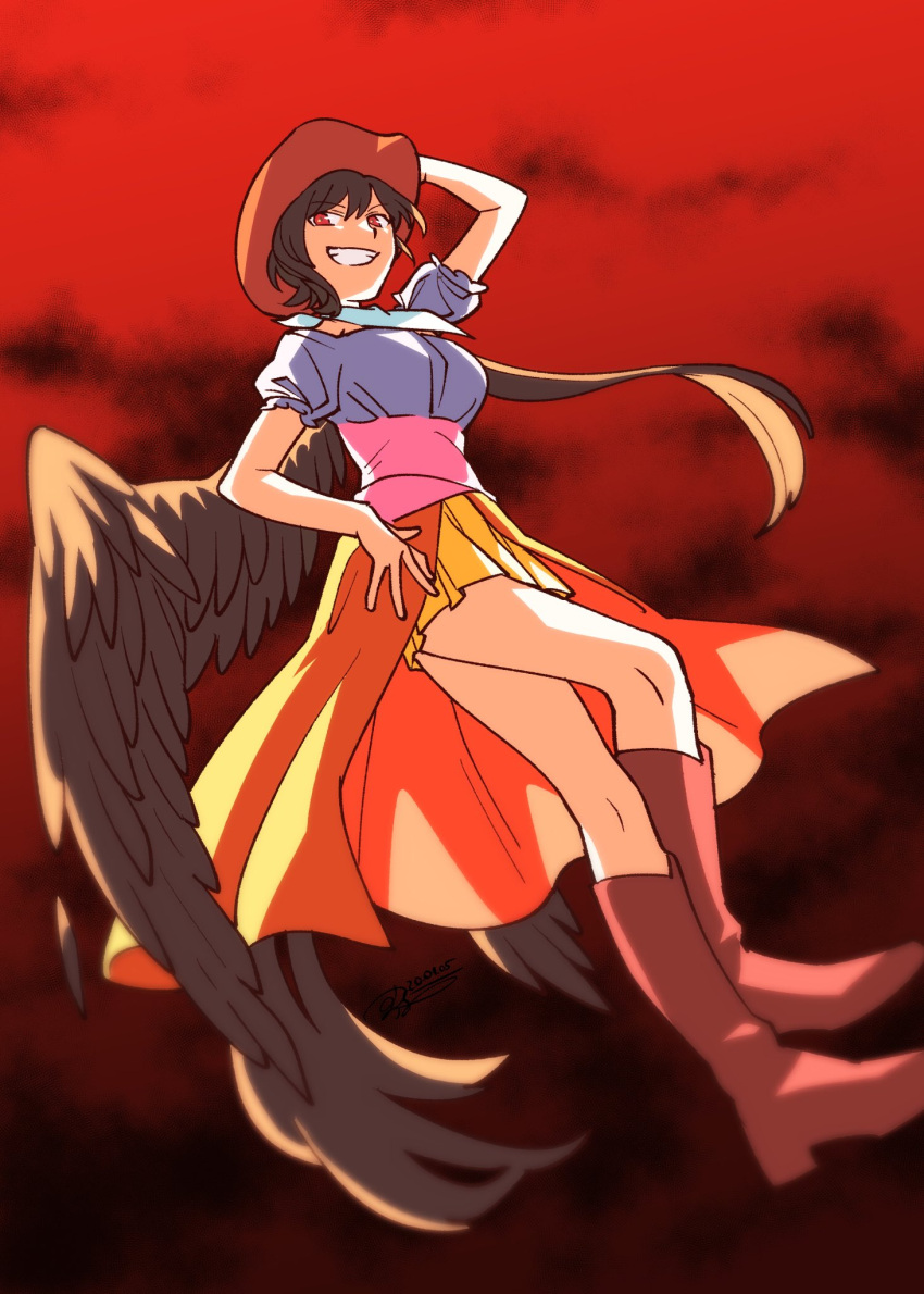 1girl black_hair black_wings blue_shirt brown_footwear brown_headwear brown_skirt cowboy_hat dated eyebrows_visible_through_hair feathered_wings floating full_body grin hair_between_eyes hat highres kneehighs kurokoma_saki long_hair pegasus_wings puffy_short_sleeves puffy_sleeves red_eyes shikido_(khf) shirt short_sleeves signature skirt smile solo touhou wings