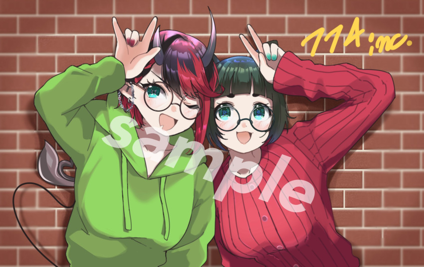 2girls 774_inc. alternate_costume animal_ears animare bangs black-framed_eyewear black_hair blue_eyes blue_nails blunt_bangs blush bob_cut breasts brick_wall commentary_request commission demon_girl demon_horns demon_tail dog_ears glasses green_hair green_hoodie hashiba_natsumi_(animare) highres hood hoodie horns large_breasts looking_at_viewer multicolored_hair multiple_girls nail_polish open_mouth pointy_ears red_hair red_nails red_sweater ribbed_sweater round_eyewear ryugasaki_rene sample short_hair skeb_commission smile sugar_lyric sweater tail thick_eyebrows two-tone_hair upper_body v virtual_youtuber zono_(inokura_syuzo029)