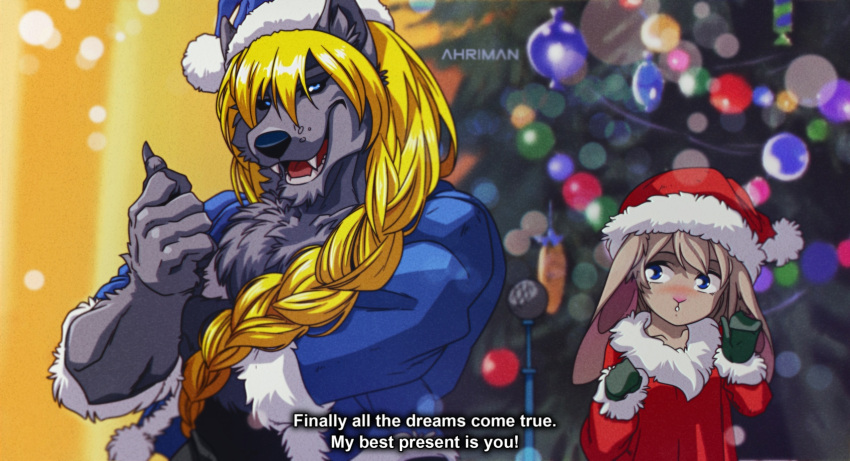 ahriman_(artist) blue_eyes blush canid canine canis christmas christmas_tree claws clothed clothing crossdressing fangs hare hi_res holidays lagomorph leporid mammal microphone nu_pogodi open_mouth plant soyuzmultfilm tree volk wolf zayats