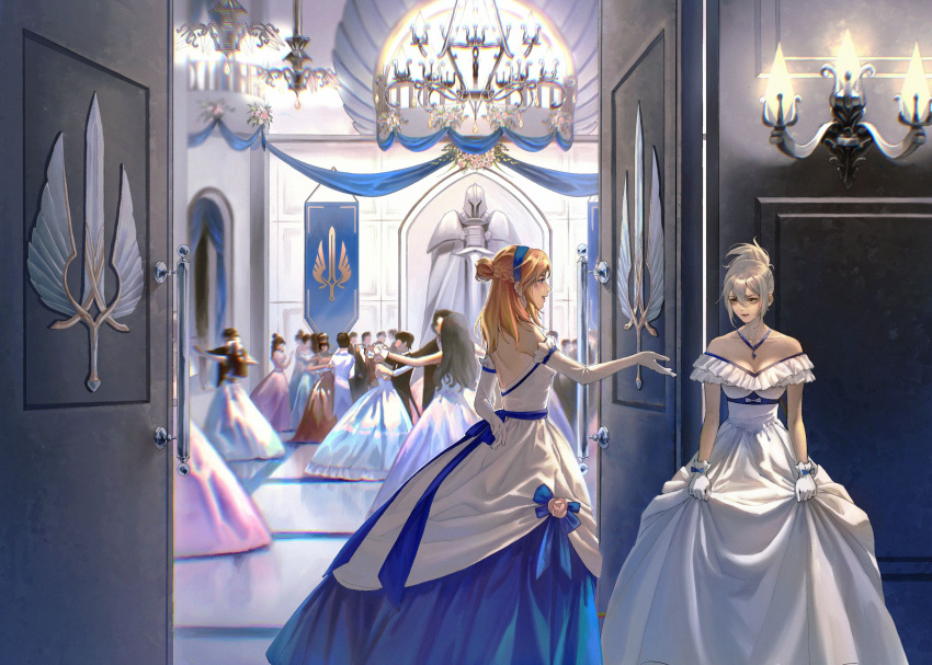 6+boys 6+girls arm_behind_back arms_at_sides ballroom bangs banner bare_shoulders beckoning black_hair blue_bow blue_eyes blue_ribbon blurry bow braid breasts chandelier cleavage clothes_grab commentary crowd dancing depth_of_field dress elbow_gloves english_commentary faceless faceless_female faceless_male frilled_dress frills gloves gown grey_hair hair_between_eyes hair_bun hairband half_updo highres houraisan_chouko indoors jewelry lamp league_of_legends long_hair looking_at_another lux_(league_of_legends) medium_hair motion_blur multiple_boys multiple_girls necklace nervous off-shoulder_dress off_shoulder open_door open_mouth outstretched_arm pendant ponytail ribbon riven_(league_of_legends) sash short_hair sidelocks smile standing statue strapless strapless_dress sweatdrop sword weapon white_bow white_dress white_gloves winged_sword yellow_eyes