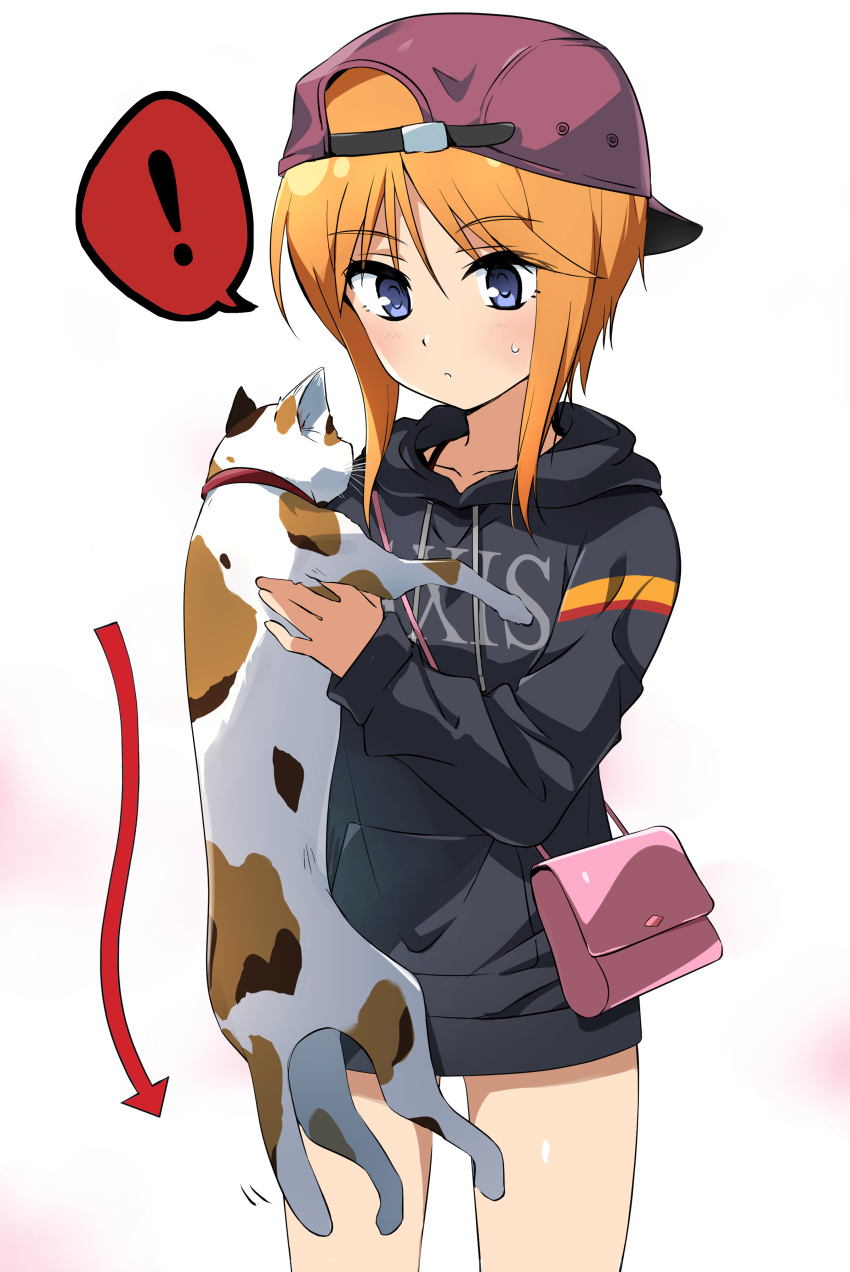 ! 1girl absurdres animal bag bare_legs black_headwear black_sweater blue_eyes blush brown_hair cat collarbone dress gundam gundam_zz handbag hat highres holding holding_animal holding_cat hood hooded_sweater looking_down puru_two shiny shiny_hair shiny_skin short_hair_with_long_locks sidelocks simple_background solo spoken_exclamation_mark standing sweatdrop sweater sweater_dress tokiani white_background