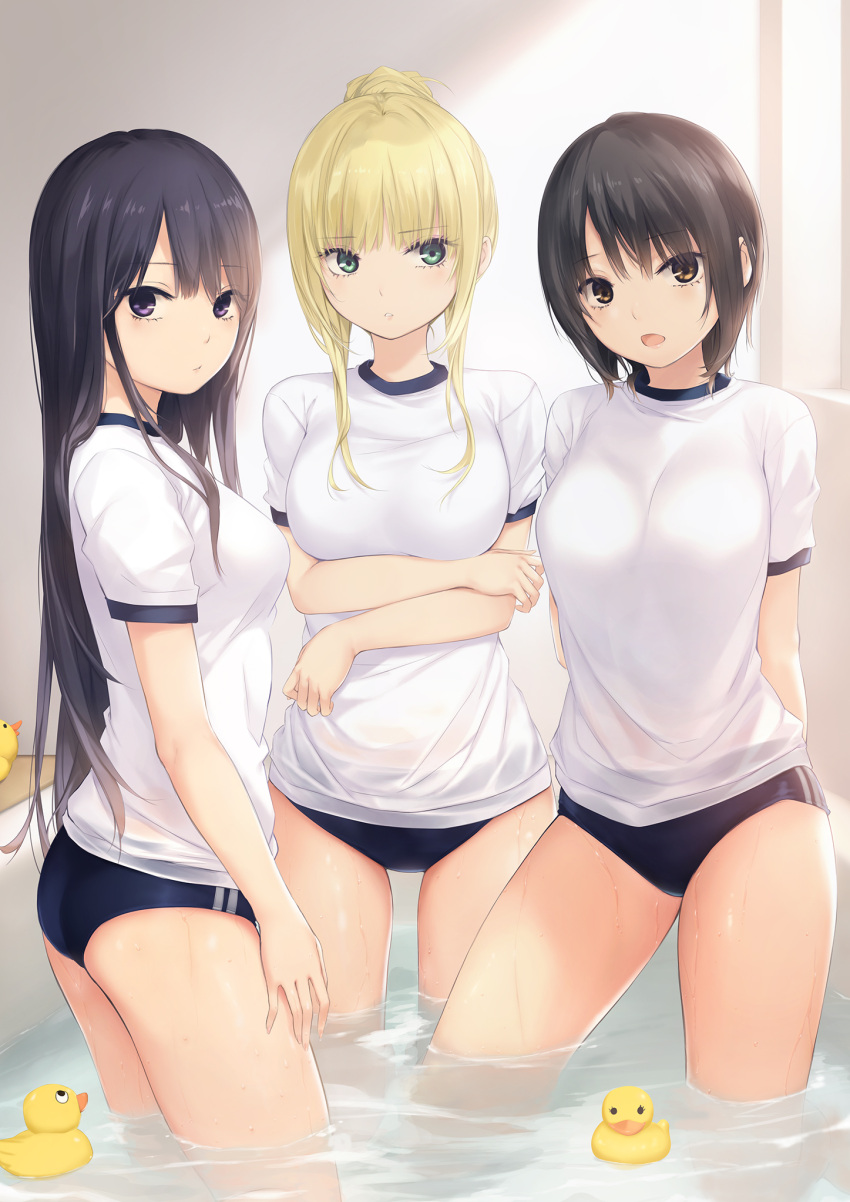 2girls :d aoyama_sumika ass bangs black_hair blonde_hair breasts brown_eyes buruma coffee-kizoku eyebrows_visible_through_hair green_eyes gym_uniform highres long_hair mele_retanagua multiple_girls open_mouth original purple_eyes rubber_duck shiramine_rika smile wading wet