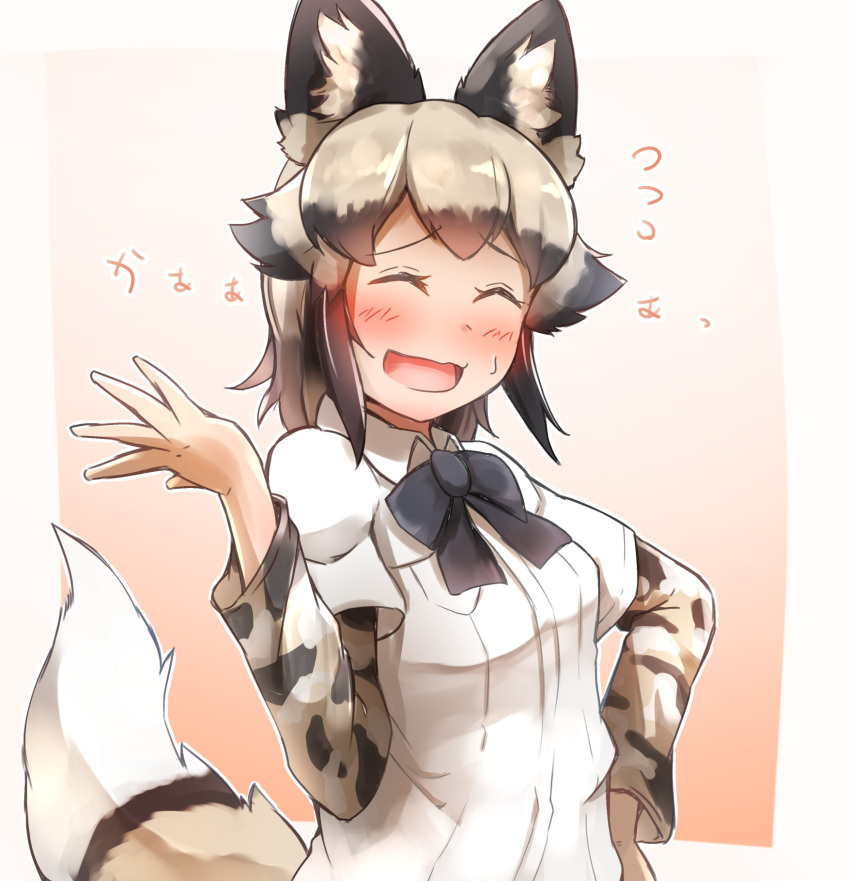 1girl ^_^ african_wild_dog_(kemono_friends) african_wild_dog_print animal_ear_fluff black_hair blush bow bowtie closed_eyes collared_shirt denka_(denka_ilst) facing_viewer flustered flying_sweatdrops furrowed_brow grey_hair hand_on_hip hand_up highres kemono_friends layered_sleeves long_sleeves medium_hair multicolored_hair nervous_smile open_mouth print_sleeves shirt short_over_long_sleeves short_sleeves smile solo spread_fingers two-tone_hair upper_body white_shirt wing_collar