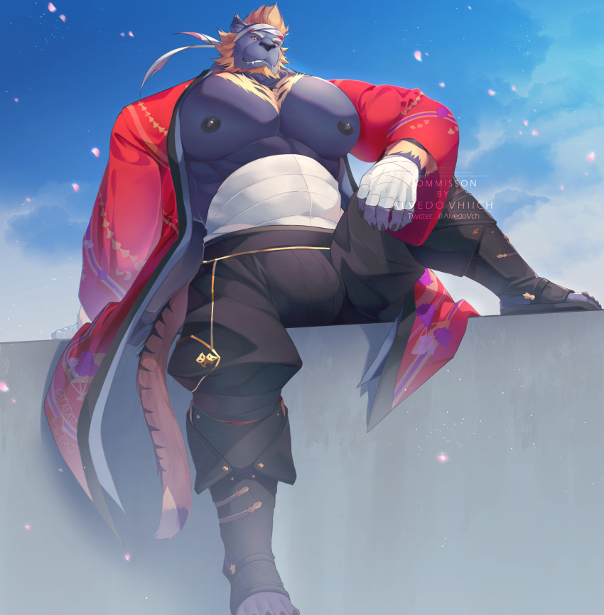 absurd_res alvedo_vhiich anthro barazoku beard big_pecs bulge claws clothed clothing facial_hair fangs felid final_fantasy final_fantasy_xiv hi_res hrothgar male mammal muscular muscular_male nipples pecs smile solo square_enix video_games