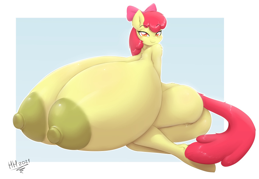 2021 absurd_res accessory aged_up anthro apple_bloom_(mlp) areola bedroom_eyes big_breasts bodily_fluids breasts butt digital_media_(artwork) equid equine eyelashes female friendship_is_magic genital_fluids genitals hair hair_accessory hair_bow hair_ribbon hasbro hi_res huge_breasts hyper hyper_breasts hyperstorm_h looking_at_viewer lying mammal my_little_pony narrowed_eyes nipples nude on_side orange_eyes pussy pussy_juice red_hair ribbons seductive smile solo yellow_body