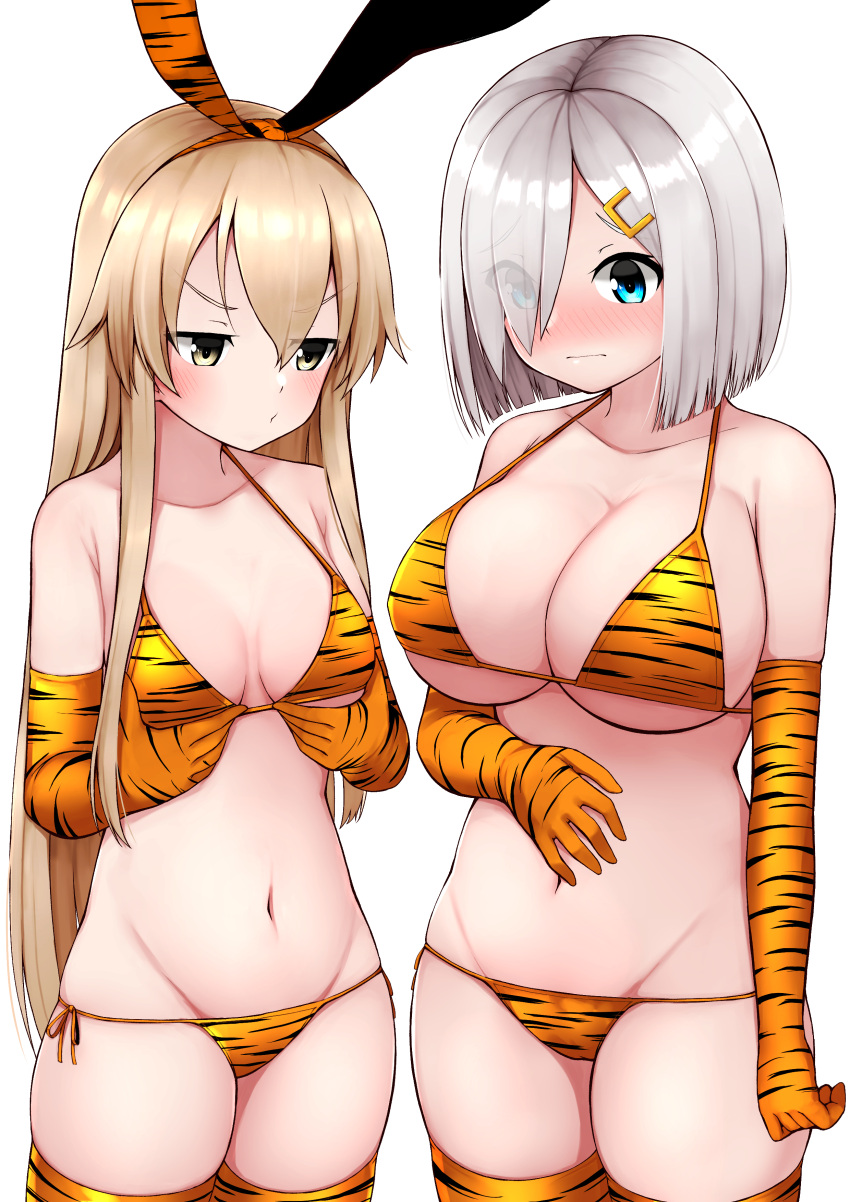 2girls absurdres animal_ears animal_print bikini blonde_hair blue_eyes blush breast_envy breasts cleavage elbow_gloves eyebrows_visible_through_hair eyes_visible_through_hair fake_animal_ears gloves grey_eyes hair_ornament hairclip hamakaze_(kancolle) hand_on_own_stomach hands_on_own_chest highres kantai_collection large_breasts long_hair multiple_girls orange_bikini shimakaze_(kancolle) short_hair silver_hair small_breasts string_bikini swimsuit thighhighs tiemu_(man190) tiger_print