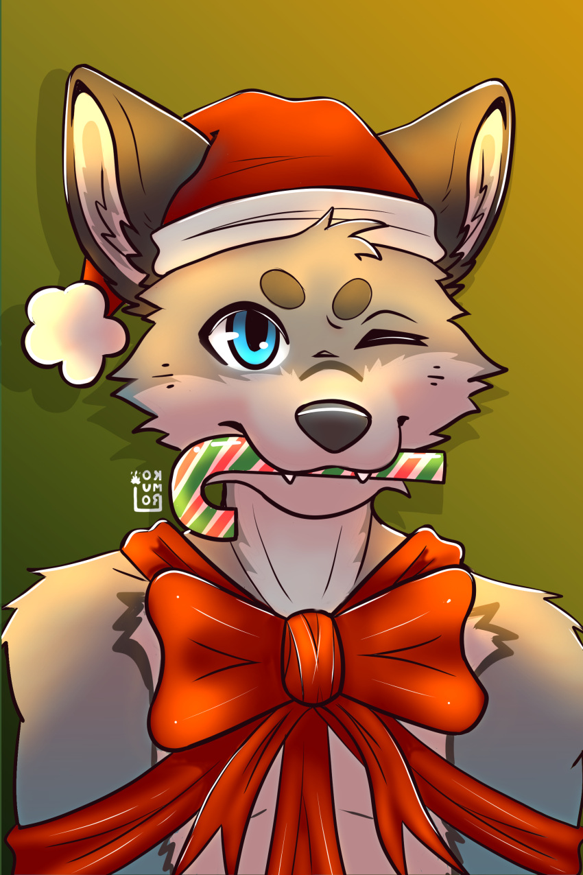 absurd_res anthro candy christmas clothing cute_expression dessert food hat headgear headwear hi_res holidays komuro komurot male male/male solo ych_(character)