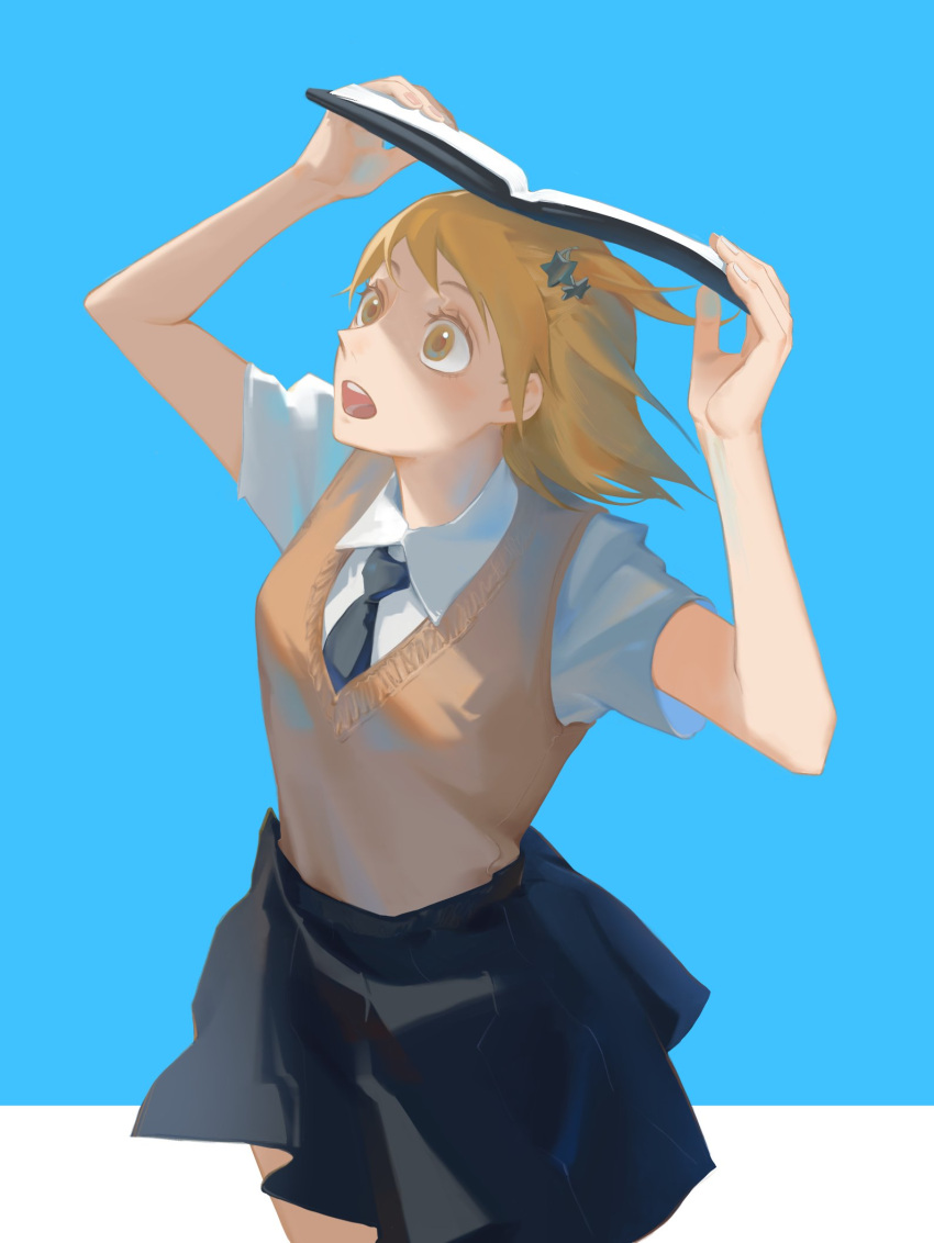 1girl :o black_necktie black_skirt blonde_hair bn3ppo book brown_hair brown_vest collared_shirt commentary covering_head haikyuu!! hair_ornament highres holding holding_book necktie open_mouth school_uniform shirt short_hair short_sleeves skirt solo vest white_shirt yachi_hitoka