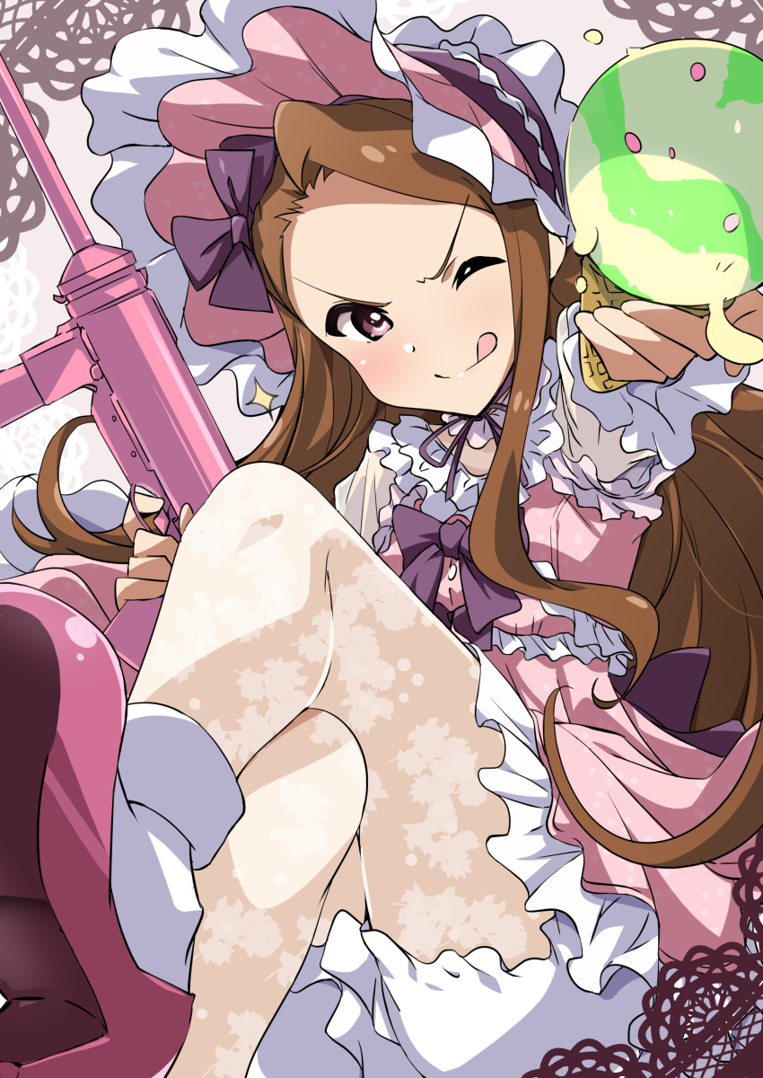 1girl ;q absurdres bloomers bonnet bow brown_hair crossed_legs doily dress finger_on_trigger food frilled_dress frilled_skirt frills gun hair_bow highres ice_cream ice_cream_cone idolmaster idolmaster_(classic) lolita_fashion long_hair m3_submachine_gun minase_iori one_eye_closed pink_dress pink_eyes pink_footwear print_legwear skirt solo submachine_gun tokiani tongue tongue_out underwear v-shaped_eyebrows very_long_hair weapon white_legwear