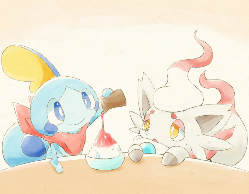 :o blue_eyes bowl bright_pupils closed_mouth commentary_request hisuian_zorua kinakomochi_(kazuna922) no_humans pokemon pokemon_(creature) pouring shaved_ice smile sobble table white_pupils