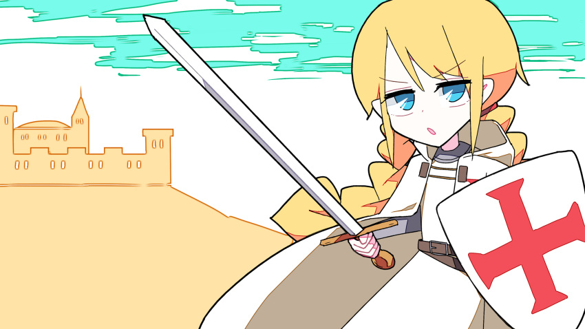 1girl belt belt_buckle blonde_hair blue_eyes braid brown_belt buckle cape castle cloud crusader_kings eyebrows_visible_through_hair hair_tie highres holding holding_shield holding_sword holding_weapon knight knights_templar medieval open_mouth sarawaritai shield sidelocks solo sword twintails v-shaped_eyebrows weapon white_cape