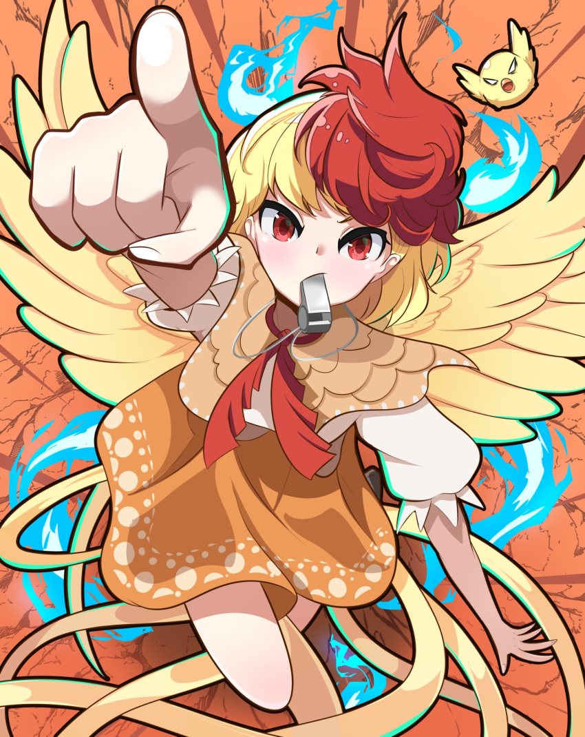 1girl bird bird_tail bird_wings blonde_hair capelet chick chicken commentary_request dress feathered_wings highres maou_nerunerune multicolored_hair neckerchief niwatari_kutaka orange_capelet orange_dress pointing puffy_short_sleeves puffy_sleeves red_eyes red_hair red_neckerchief shirt short_sleeves tail touhou touhou_gouyoku_ibun two-tone_hair whistle whistling white_shirt wings yellow_wings