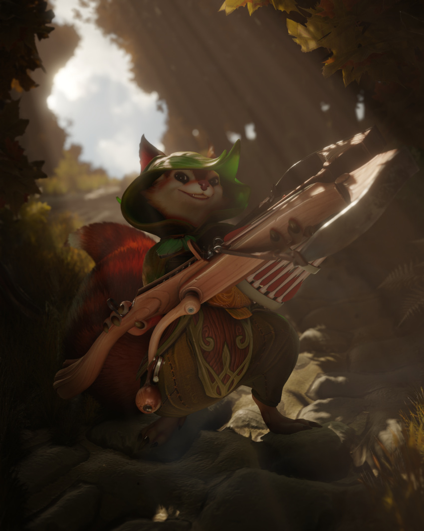 3d_(artwork) anthro brown_body crossbow digital_media_(artwork) dota fall_(disambiguation) female forest forest_background hi_res hoodwink_(dota) humanoid hybrid mammal nature nature_background pink_muffin_oliver plant poster ranged_weapon rodent sciurid solo squirrel_tail sun tail tree tree_squirrel video_games weapon