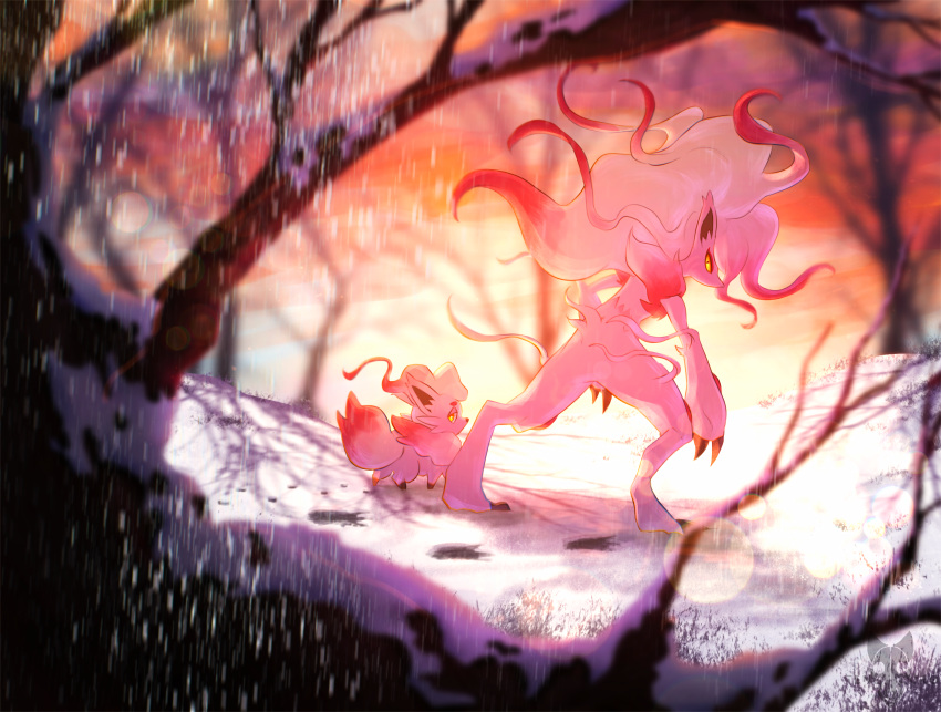 2021 absurd_res ambiguous_gender anthro backlighting biped blurred_background blurred_foreground cheek_tuft claws digital_media_(artwork) digitigrade duo facial_tuft feral finger_claws footprint fur grass hi_res hisuian_zoroark hisuian_zorua inner_ear_fluff lens_flare light lighting looking_at_viewer nintendo plant pok&eacute;mon pok&eacute;mon_(species) quadruped red_body red_fur regional_form_(pok&eacute;mon) shaded shadow snow snowing sunset tenebscuro toe_claws tree tuft video_games walking watermark white_body white_fur yellow_eyes