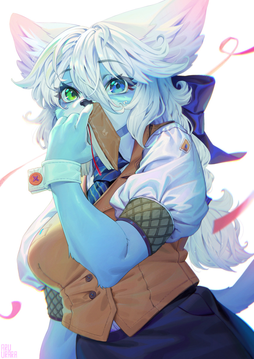 absurd_res accessory anthro aruurara blue_body blue_fur book bottomwear breasts clothed clothing covering covering_mouth covering_own_mouth covering_self cuffs_(clothing) domestic_cat felid feline felis female fur hair hair_accessory hair_bow hair_ribbon hashimoto-chan heterochromia hi_res kemono looking_at_viewer mammal necktie notebook ribbons shirt_cuffs solo topwear vest white_ears white_hair