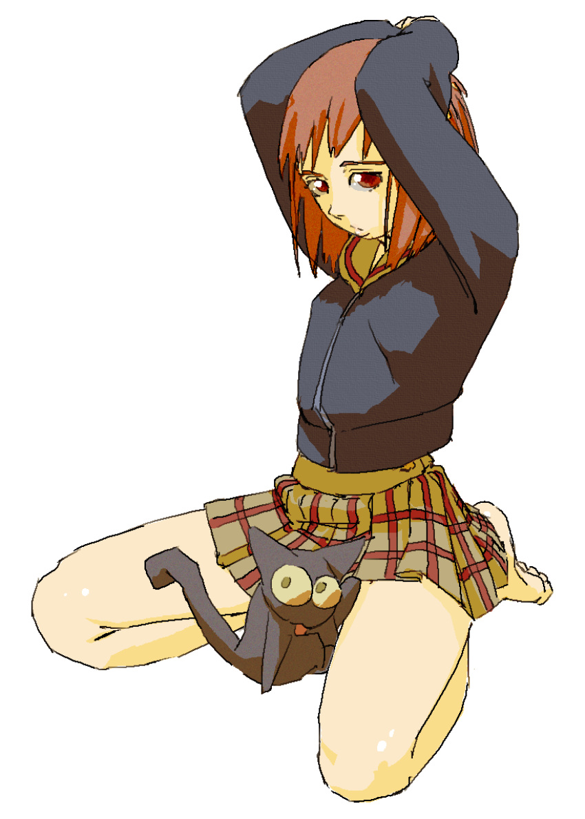 1girl bare_legs barefoot big_eyes black_cat black_jacket brown_eyes brown_hair cat feet flcl highres jacket kneeling looking_at_viewer miniskirt pantsu-ripper plaid plaid_skirt samejima_mamimi simple_background skirt takkun_(flcl) white_background yellow_skirt