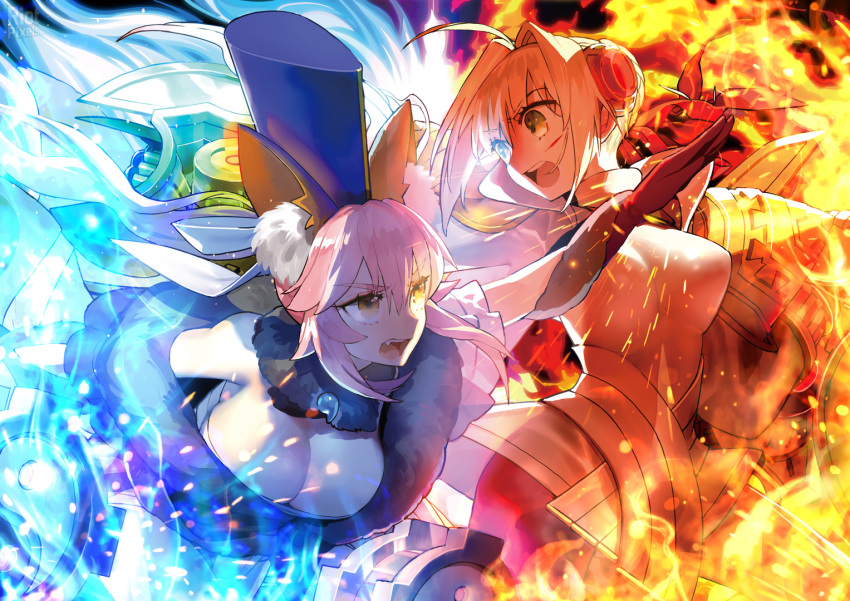 2girls ahoge animal_ear_fluff aura bare_shoulders blonde_hair blue_fire bow breasts cuts fangs fate/extella fate/extra fate_(series) fighting fire flame fur_coat gloves hair_bow hair_ribbon hat injury multiple_girls nero_claudius_(fate) nero_claudius_(fate/extra) official_art open_mouth red_gloves red_legwear ribbon tamamo_(fate) tamamo_no_mae_(fate/extra) teeth third-party_edit third-party_source third-party_watermark wada_arco yin_yang