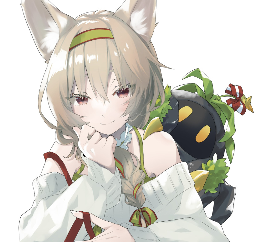 1girl arknights bangs bare_shoulders beanstalk_(gift_uncompleted)_(arknights) blush braid brown_hair closed_mouth commentary hairband highres hyena_ears hyena_girl long_hair metal_crab_(arknights) off_shoulder official_alternate_costume red_eyes sakuwa smile solo