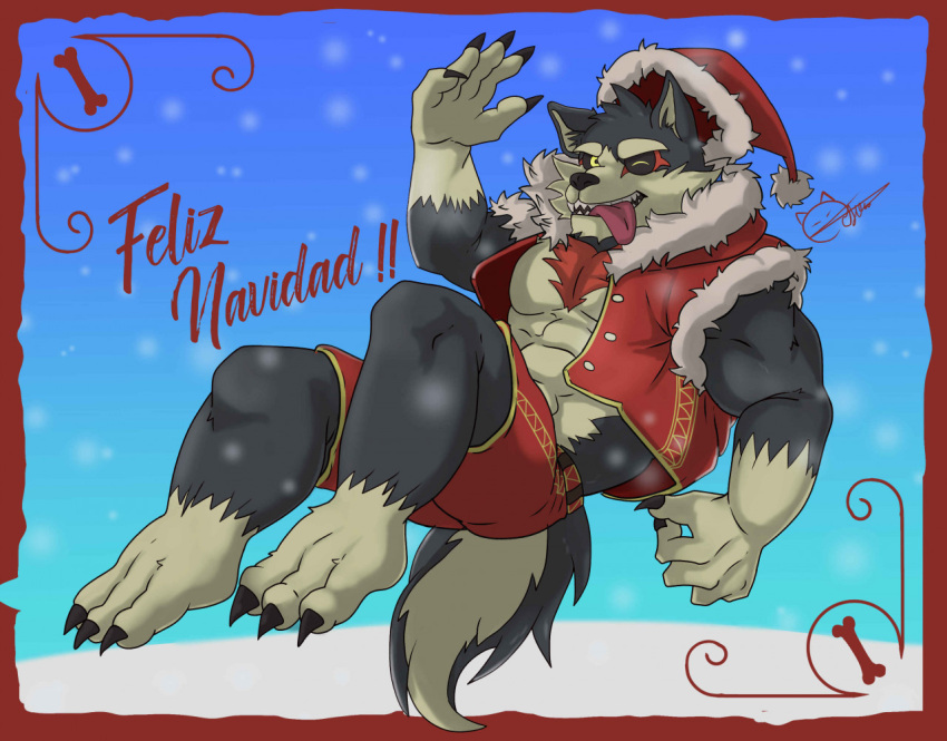 abs anthro bare_chest black_body black_fur bottomwear bragotiger canid canine canis claws clothing costume domestic_dog fur garmr lifewonders male mammal muscular muscular_anthro muscular_male one_eye_closed pecs santa_costume shorts solo tokyo_afterschool_summoners video_games wink