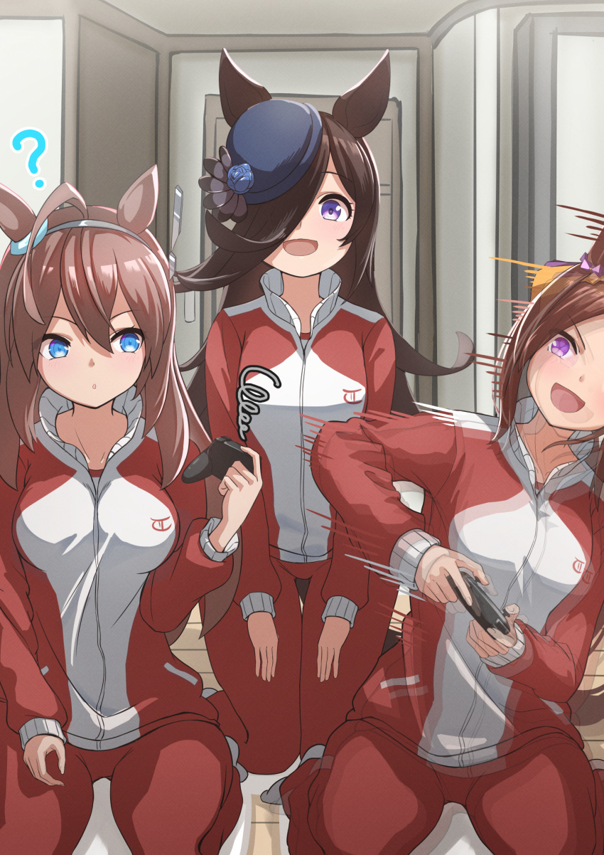 3girls ? afterimage ahoge animal_ears blue_eyes breasts brown_hair controller flower_in_eye game_controller hair_between_eyes hair_over_one_eye highres holding holding_controller holding_game_controller horse_ears horse_girl horse_tail jacket kamikumo_(km_kamikumo) leaning_to_the_side long_hair long_sleeves mihono_bourbon_(umamusume) motion_lines multiple_girls open_mouth pants pink_eyes purple_eyes rice_shower_(umamusume) sakura_bakushin_o_(umamusume) sitting symbol_in_eye tail track_jacket track_pants track_suit umamusume wariza