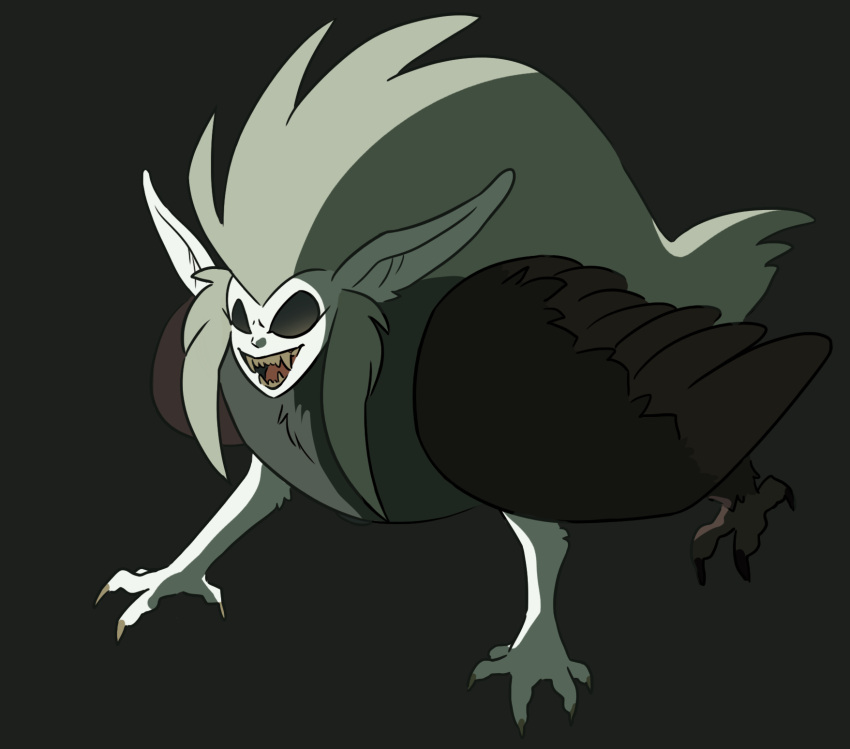 2020 5_fingers avian bird black_background black_body black_eyes black_feathers claws demon disney eda_clawthorne feathers female feral fingers grey_hair hair hi_res long_ears long_hair no_pupils owl owl_beast_(the_owl_house) sharp_teeth simple_background sirkackingtonsketch solo teeth the_owl_house wings yellow_claws