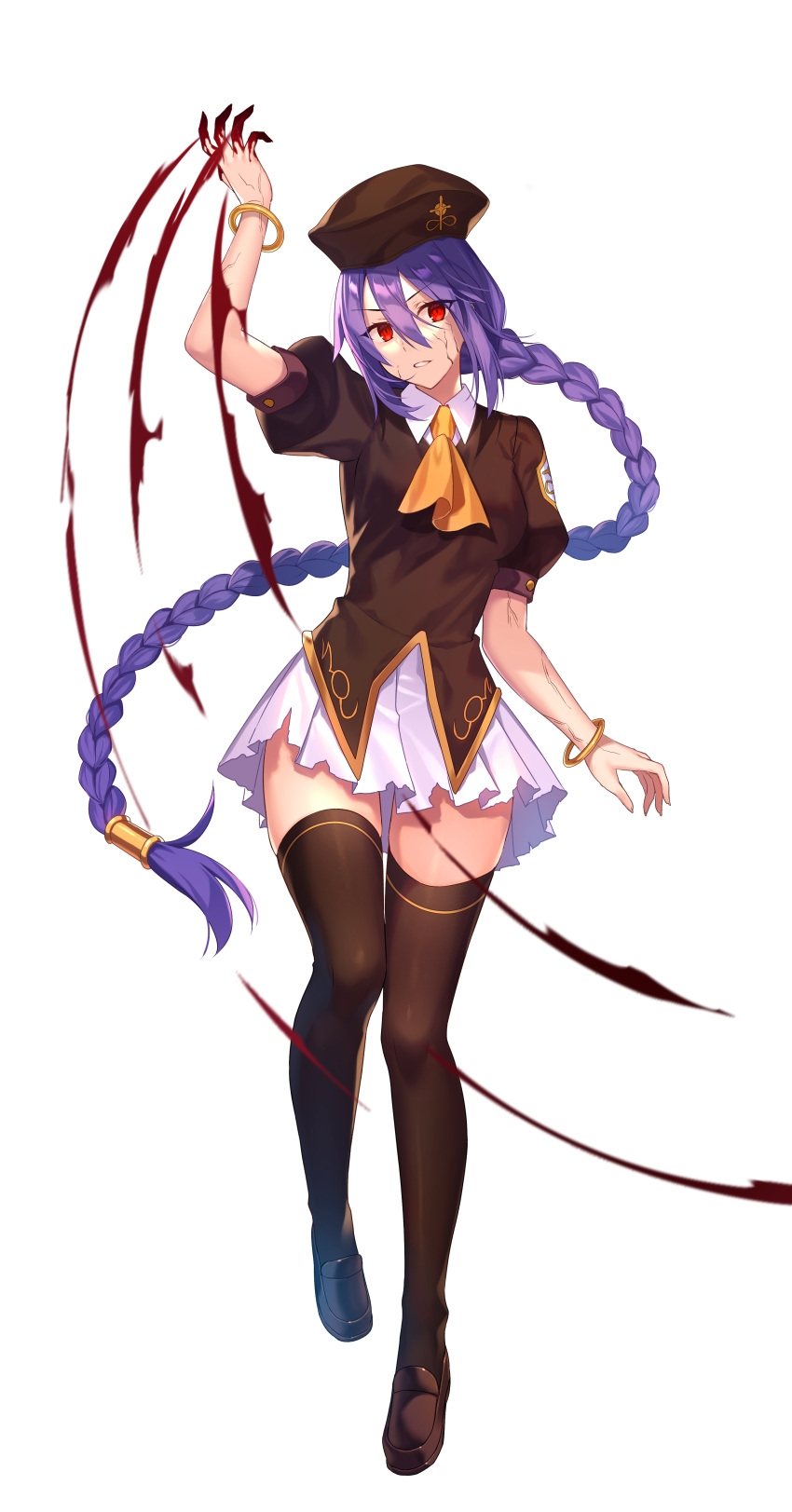 1girl absurdres beret blood bracelet braid breasts full_body fuyuki_(neigedhiver) hair_between_eyes hat highres jewelry loafers long_hair melty_blood parted_lips pleated_skirt puffy_sleeves purple_hair red_eyes shoes simple_background sion_eltnam_atlasia skirt solo thighhighs tsukihime very_long_hair white_background