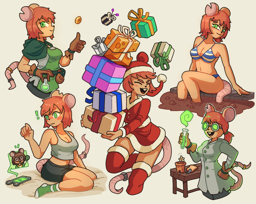 2021 absurd_res anthro blush breasts christmas cleavage clothed clothing coin_flip female fondue_(flowerimh) gaziter gift_box green_eyes hi_res holidays laboratory_equipment laboratory_glassware mammal murid murine notched_ear phone potion_bottle rat rodent scientific_instrument solo test_tube