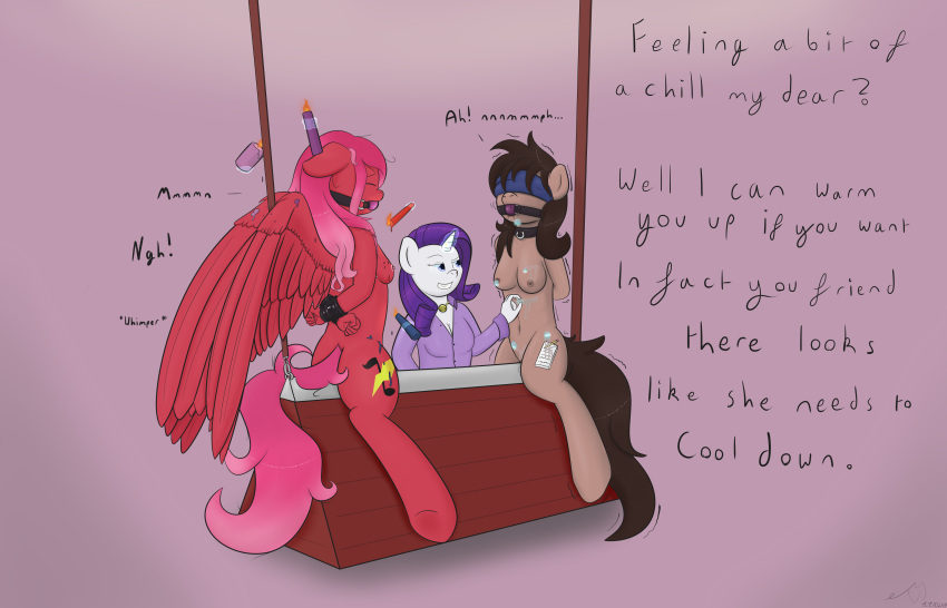 absurd_res anthro arms_tied ball_gag bdsm blindfold bondage bound breast_play breasts candle cutie_mark earth_pony equid equine fan_character female female/female friendship_is_magic gag genitals group hands_behind_back hi_res horn horse ice_cube magic-violet mammal my_little_pony nude pegasus pony pussy rarity_(mlp) simple_background temperature_play unicorn water wax_play wings wooden_horse_(device)