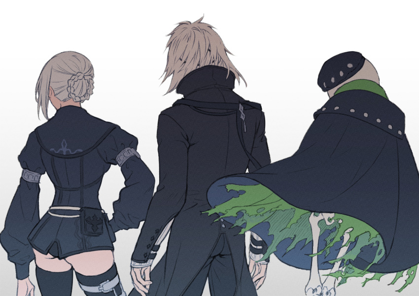 1girl 2boys ariko_k ass back braid emil_(nier) floating from_behind highres jacket kaine_(nier) multiple_boys nier nier_(series) nier_(young) nier_reincarnation official_alternate_costume silver_hair simple_background standing thighhighs