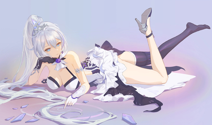 1girl blue_eyes breasts cleavage detached_collar dress gloves hair_ornament high_heels honkai_(series) honkai_impact_3rd kiana_kaslana lying on_stomach ponytail shattered shoes single_shoe single_thighhigh solo taichi_(yirkorn) thighhighs tied_hair white_hair