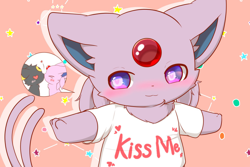 &gt;_&lt; &lt;3 &lt;3_eyes 2_tails 3_fingers :3 ambiguous/ambiguous ambiguous_gender anthro anthro_on_anthro anthrofied biped black_body black_ears black_fur blue_inner_ear blush cheek_tuft chibi clothed clothing constellation digital_media_(artwork) duo eeveelution english_text espeon eyes_closed facial_markings facial_tuft felid feline fingers forehead_gem front_view fur hair half-length_portrait head_markings hi_res hirochanu inner_ear_fluff kemono kissing looking_at_viewer mammal markings monotone_body monotone_ears monotone_fur monotone_hair monotone_tail multi_tail multicolored_body multicolored_ears multicolored_fur neck_tuft nintendo pattern_background paws pictographics pigtails pink_background pink_body pink_ears pink_fur pink_hair pink_inner_ear_fluff pink_tail pok&eacute;mon pok&eacute;mon_(species) pok&eacute;morph portrait pupils purple_eyes shirt side_view simple_background solo_focus speech_bubble standing star text topwear tuft two_tone_body two_tone_ears two_tone_fur umbreon video_games white_clothing white_pupils white_shirt white_topwear yellow_body yellow_ears yellow_fur