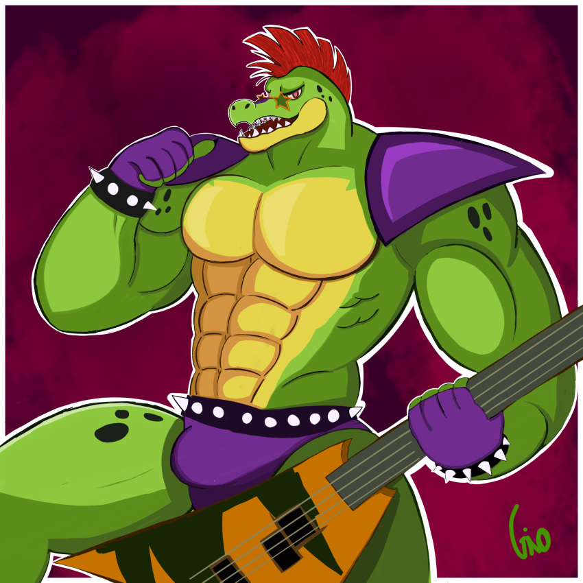 1:1 abs absurd_res alligator alligatorid angry anthro barazoku bracelet bulge clothing crocodilian eyewear five_nights_at_freddy's five_nights_at_freddy's:_security_breach gesture gio-joe guitar hi_res jewelry looking_at_viewer male mohawk montgomery_gator_(fnaf) muscular muscular_anthro muscular_male music musical_instrument pecs plucked_string_instrument reptile scalie scottgames shoulder_pads smile spiked_bracelet spikes string_instrument sunglasses thumbs_up underwear video_games