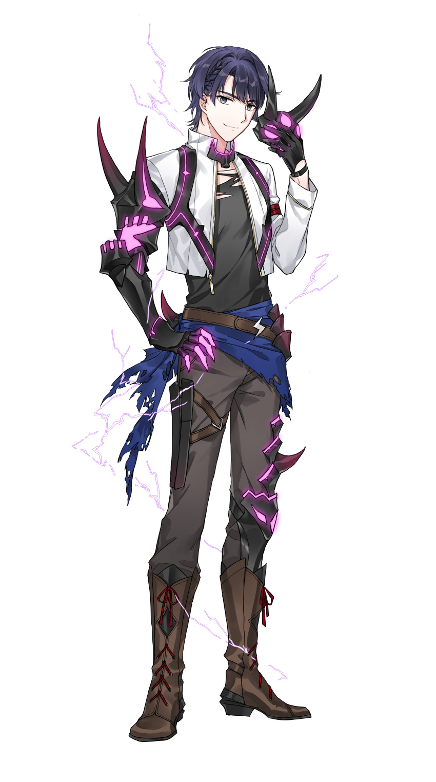 1boy absurdres bangs black_shirt boots brown_footwear brown_pants closed_mouth full_body gauntlets genderswap genderswap_(ftm) gloves glowing hair_between_eyes hand_on_hip highres holding holding_mask honkai_(series) honkai_impact_3rd jacket long_sleeves looking_at_viewer mask official_art open_clothes open_jacket pants purple_eyes purple_hair raiden_mei raiden_mei_(lightning_empress) shirt short_hair simple_background single_gauntlet single_glove smile solo standing torn_clothes torn_shirt white_background white_jacket