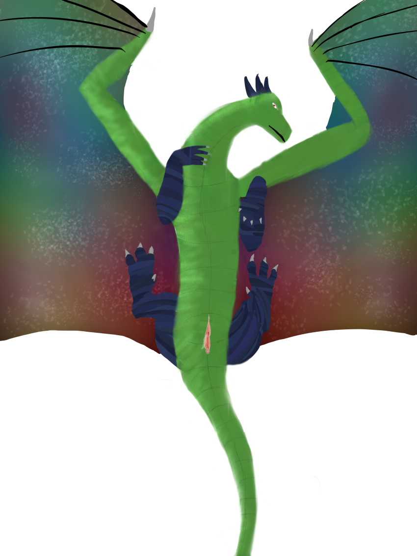 absurd_res achroma_(artist) achroma_(character) animal_genitalia bodily_fluids butt cloaca cloaca_juice digital_media_(artwork) dragon female feral genital_fluids genitals green_body hi_res leg_markings looking_at_viewer lying markings membrane_(anatomy) membranous_wings on_back presenting presenting_cloaca presenting_hindquarters red_eyes scalie simple_background socks_(marking) solo western_dragon white_background wings